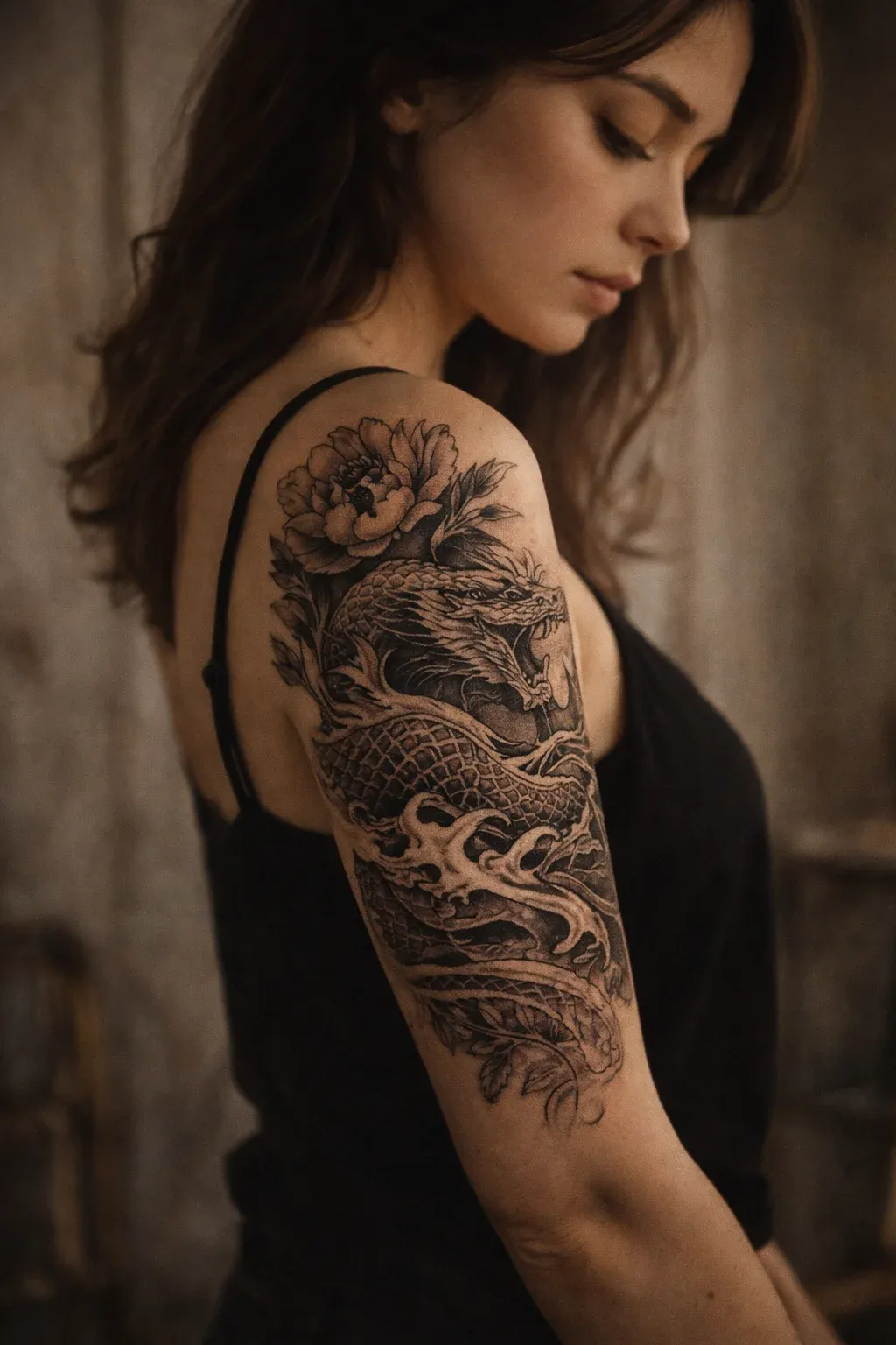 Chica tatuada en estilo blackwork